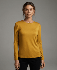 WOMENS 100% MERINO (210) LONG SLEEVE SATIN CREW TOP GOLD EBAS503_by_EBONY_women's_in_New Zealand_ WOMENS 100% MERINO (210) LONG SLEEVE SATIN CREW TOP GOLD EBAS503 _