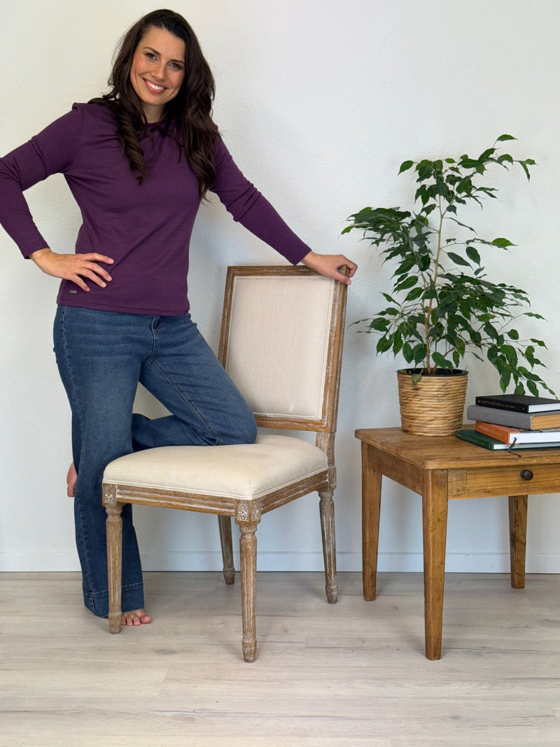 EBONY_WOMENS 100% MERINO (210) LONG SLEEVE SATIN CREW TOP ITALIAN PLUM _ WOMENS 100% MERINO (210) LONG SLEEVE SATIN CREW TOP ITALIAN PLUM _ Ebony Boutique NZ