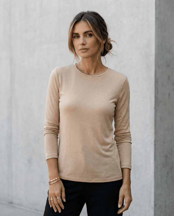 WOMENS 100% MERINO (210) LONG SLEEVE SATIN CREW TOP SAND EBAS503_by_EBONY_women's_in_New Zealand_ WOMENS 100% MERINO (210) LONG SLEEVE SATIN CREW TOP SAND EBAS503 _