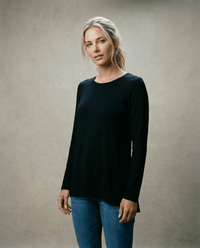 WOMEN'S 100% MERINO WOOL (210) A - LINE SCOOP LONG SLEEVE TOP BLACK EBAS593_by_EBONY_women's_in_New Zealand_ WOMEN'S 100% MERINO WOOL (210) A - LINE SCOOP LONG SLEEVE TOP BLACK EBAS593 _