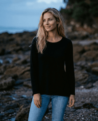 WOMEN'S 100% MERINO WOOL (210) A - LINE SCOOP LONG SLEEVE TOP BLACK EBAS593_by_EBONY_women's_in_New Zealand_ WOMEN'S 100% MERINO WOOL (210) A - LINE SCOOP LONG SLEEVE TOP BLACK EBAS593 _