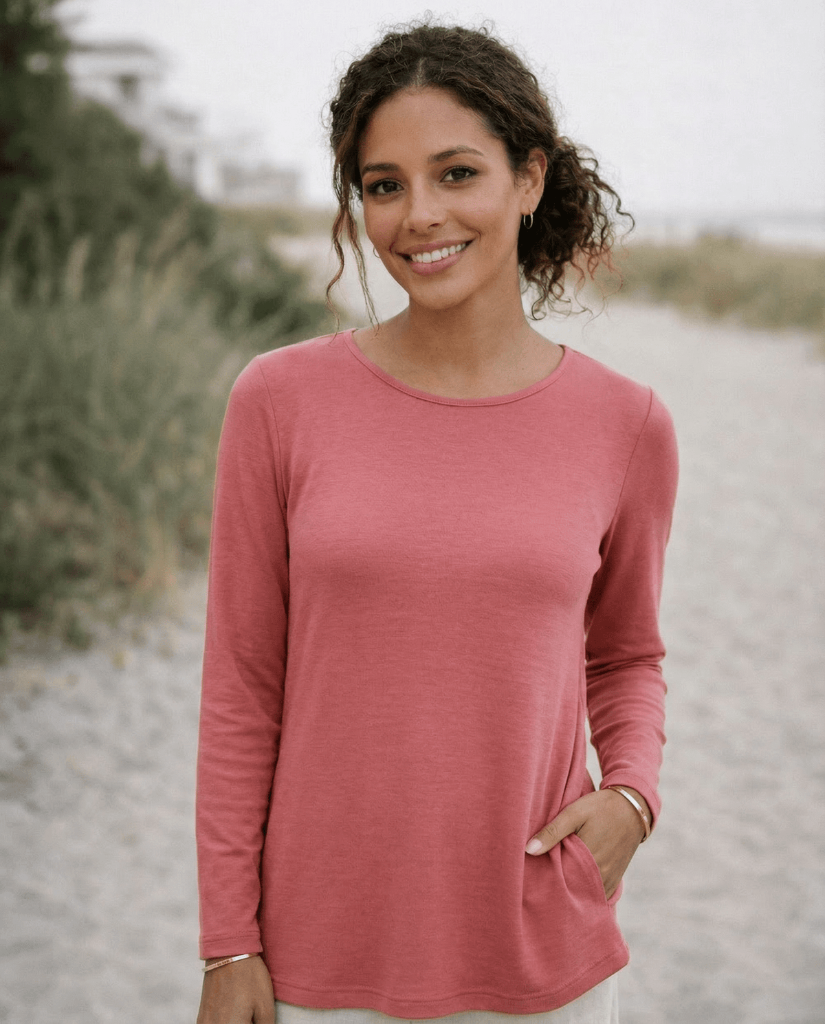 WOMEN'S 100% MERINO WOOL (210) A - LINE SCOOP LONG SLEEVE TOP BRICK EBAS593_by_EBONY_women's_in_New Zealand_ WOMEN'S 100% MERINO WOOL (210) A - LINE SCOOP LONG SLEEVE TOP BRICK EBAS593 _