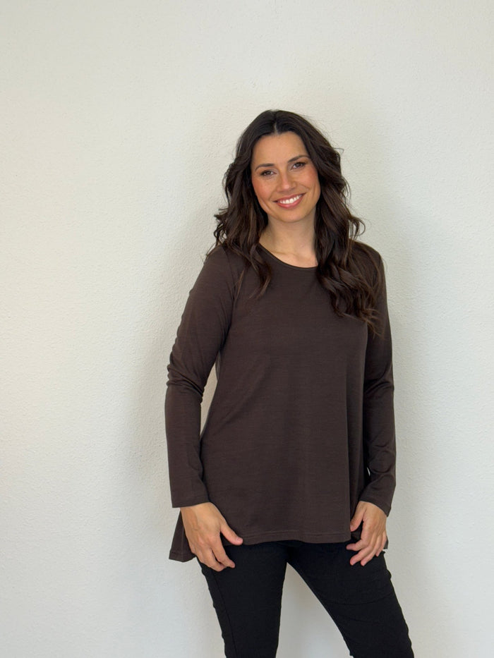 EBONY_WOMEN'S 100% MERINO WOOL (210) A - LINE SCOOP LONG SLEEVE TOP CHOCOLATE _ WOMEN'S 100% MERINO WOOL (210) A - LINE SCOOP LONG SLEEVE TOP CHOCOLATE _ Ebony Boutique NZ