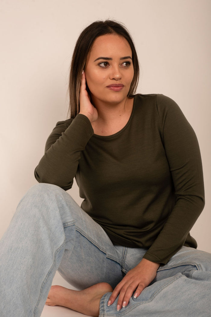 WOMEN'S 100% MERINO WOOL (210) A - LINE SCOOP LONG SLEEVE TOP KHAKI EBAS593_by_EBONY_women's_in_New Zealand_ _