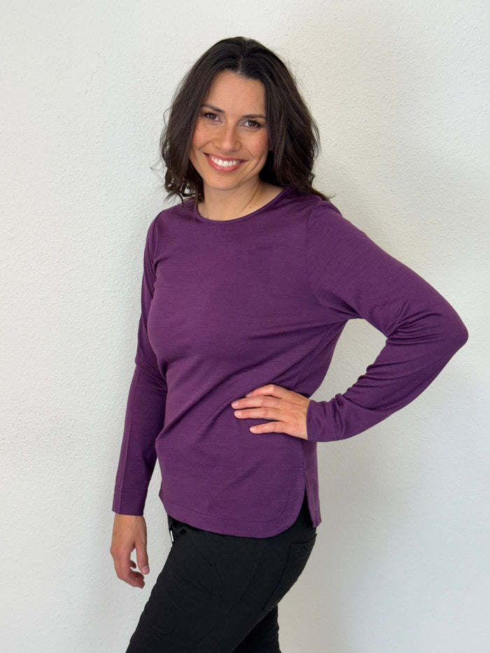 WOMENS 100% MERINO WOOL (210) CURVE HEM LONG SLEEVE JUMPER ITALIAN PLUM EBAS583_by_EBONY_women's_in_New Zealand_ WOMENS 100% MERINO WOOL (210) CURVE HEM LONG SLEEVE JUMPER ITALIAN PLUM EBAS583 _