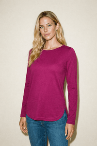 WOMENS 100% MERINO WOOL (210) CURVE HEM LONG SLEEVE TOP RASPBERRY EBAS583_by_EBONY_women's_in_New Zealand_ WOMENS 100% MERINO WOOL (210) CURVE HEM LONG SLEEVE TOP RASPBERRY EBAS583 _