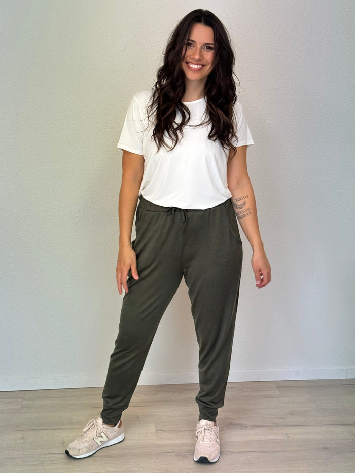 EBONY_WOMEN'S 100% MERINO WOOL (210) JOGGER PANTS KHAKI _ WOMEN'S 100% MERINO WOOL (210) JOGGER PANTS KHAKI _ Ebony Boutique NZ