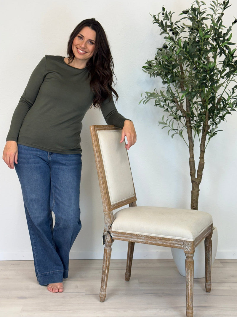 EBONY_WOMEN'S 100% MERINO WOOL (210) LONG SLEEVE CREW TOP KHAKI _ WOMEN'S 100% MERINO WOOL (210) LONG SLEEVE CREW TOP KHAKI _ Ebony Boutique NZ