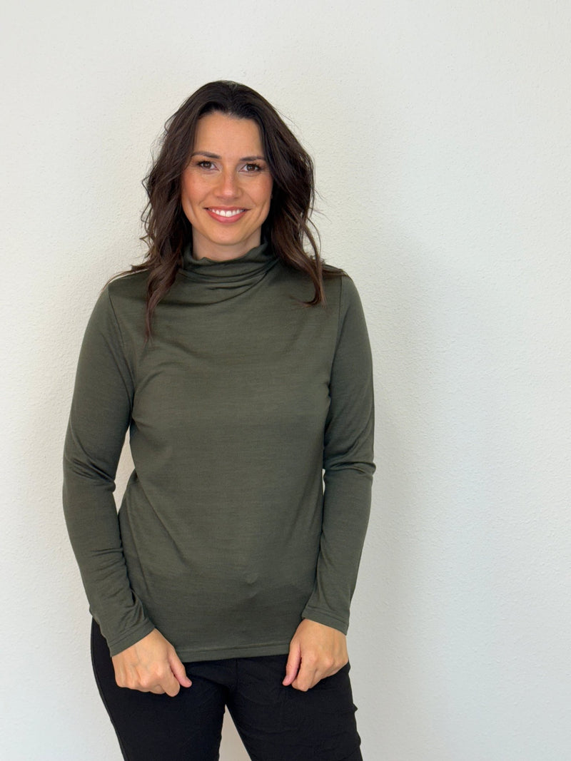 EBONY_WOMEN'S 100% MERINO WOOL (210) LONG SLEEVE HIGH NECK TOP KHAKI _ WOMEN'S 100% MERINO WOOL (210) LONG SLEEVE HIGH NECK TOP KHAKI _ Ebony Boutique NZ