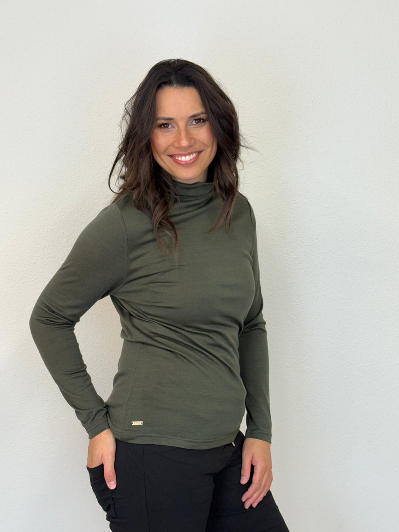 EBONY_WOMEN'S 100% MERINO WOOL (210) LONG SLEEVE HIGH NECK TOP KHAKI _ WOMEN'S 100% MERINO WOOL (210) LONG SLEEVE HIGH NECK TOP KHAKI _ Ebony Boutique NZ
