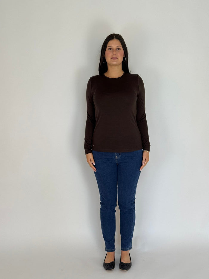 EBONY_WOMEN'S 100% MERINO WOOL (210) LONG SLEEVE SATIN CREW TOP CHOCOLATE EBAS503 _ WOMEN'S 100% MERINO WOOL (210) LONG SLEEVE SATIN CREW TOP CHOCOLATE EBAS503 _ Ebony Boutique NZ