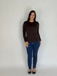 EBONY_WOMEN'S 100% MERINO WOOL (210) LONG SLEEVE SATIN CREW TOP CHOCOLATE EBAS503 _ WOMEN'S 100% MERINO WOOL (210) LONG SLEEVE SATIN CREW TOP CHOCOLATE EBAS503 _ Ebony Boutique NZ
