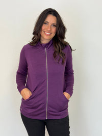 EBONY_WOMENS MERINO JACKET 100% WOOLLEN CURVED PANELS LONG SLEEVES ITALIAN PLUM _ WOMENS MERINO JACKET 100% WOOLLEN CURVED PANELS LONG SLEEVES ITALIAN PLUM _ Ebony Boutique NZ