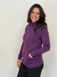 EBONY_WOMENS MERINO JACKET 100% WOOLLEN CURVED PANELS LONG SLEEVES ITALIAN PLUM _ WOMENS MERINO JACKET 100% WOOLLEN CURVED PANELS LONG SLEEVES ITALIAN PLUM _ Ebony Boutique NZ