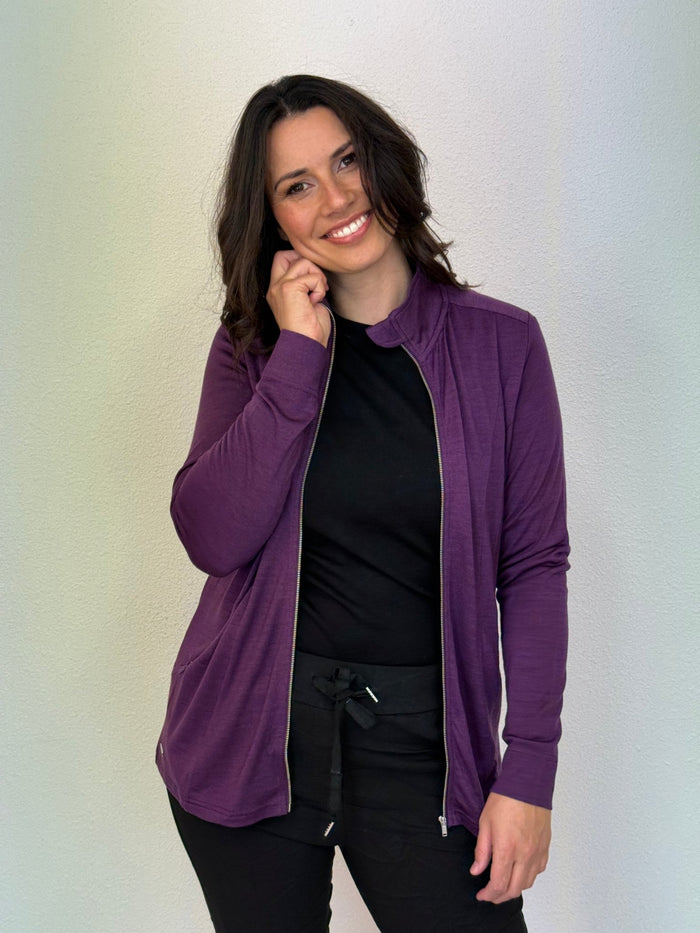 WOMENS MERINO JACKET 100% WOOLLEN CURVED PANELS LONG SLEEVE ITALIAN PLUM EBAS421_by_EBONY_women's_in_New Zealand_ WOMENS MERINO JACKET 100% WOOLLEN CURVED PANELS LONG SLEEVE ITALIAN PLUM EBAS421 _