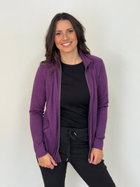 EBONY_WOMENS MERINO JACKET 100% WOOLLEN CURVED PANELS LONG SLEEVES ITALIAN PLUM _ WOMENS MERINO JACKET 100% WOOLLEN CURVED PANELS LONG SLEEVES ITALIAN PLUM _ Ebony Boutique NZ
