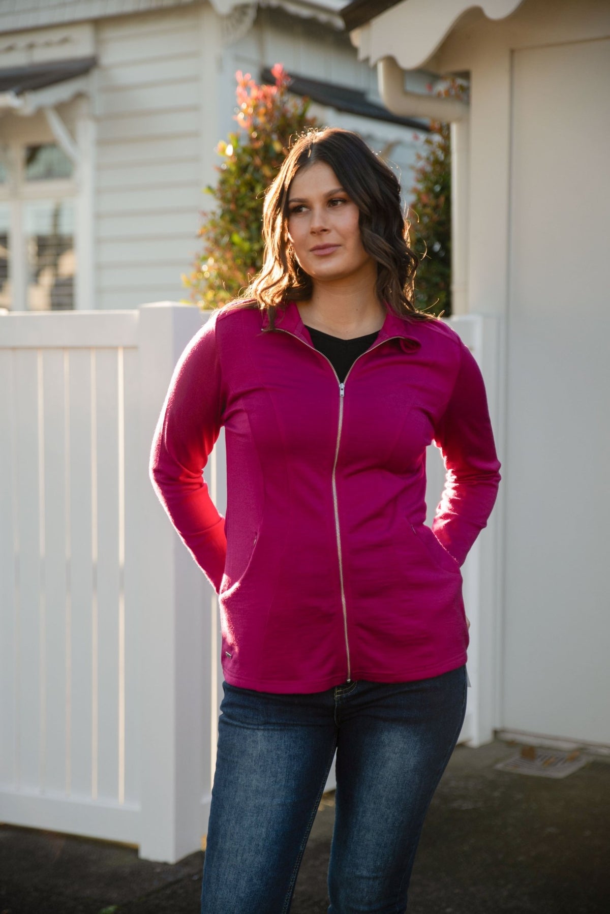 EBONY_WOMENS MERINO JACKET 100% WOOLLEN CURVED PANELS LONG SLEEVES RASPBERRY _ WOMENS MERINO JACKET 100% WOOLLEN CURVED PANELS LONG SLEEVES RASPBERRY _ Ebony Boutique NZ