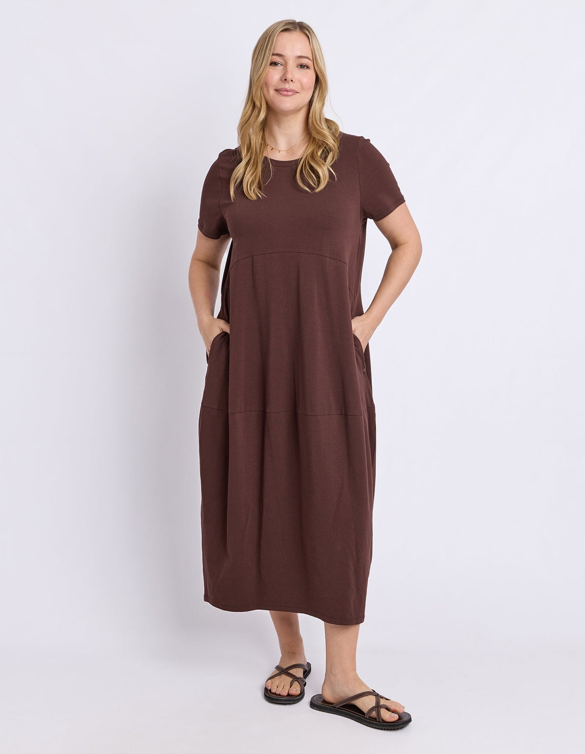 DIANA SHORT SLEEVE DRESS CHOCOLATE_by_ELM_women's_in_New Zealand_ FEATURED / FRONT _