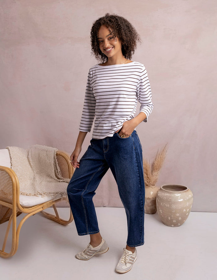 ELIZA BOAT NECK TEE WHITE/COFFEE_by_ELM_women's_in_New Zealand_ LIFESTYLE _