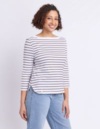 ELIZA BOAT NECK TEE WHITE/COFFEE_by_ELM_women's_in_New Zealand_ SIDE _