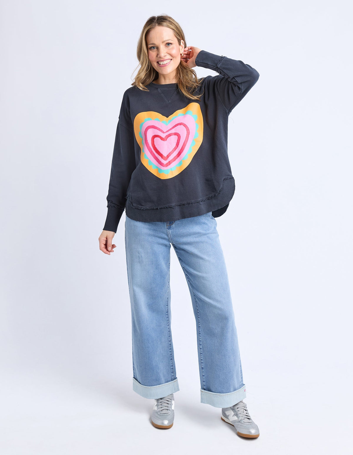 FLAMING HEART CREW NAVY_by_ELM_women's_in_New Zealand_ MODEL _