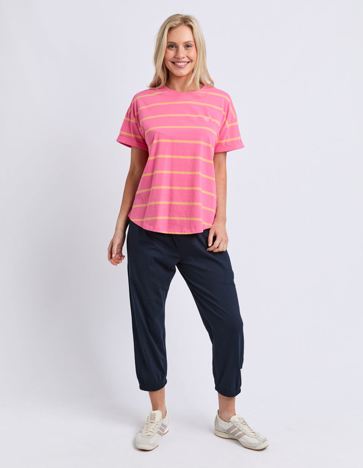 HALLI SHORT SLEEVE TEE - STRIPE PINK/PEACH_by_ELM_women's_in_New Zealand_ MODEL _