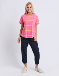 HALLI SHORT SLEEVE TEE - STRIPE PINK/PEACH_by_ELM_women's_in_New Zealand_ MODEL _