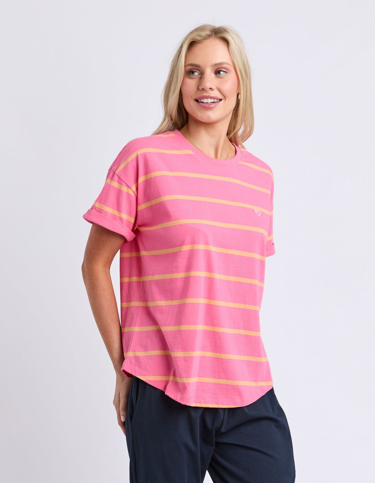 HALLI SHORT SLEEVE TEE - STRIPE PINK/PEACH_by_ELM_women's_in_New Zealand_ ANGLE _