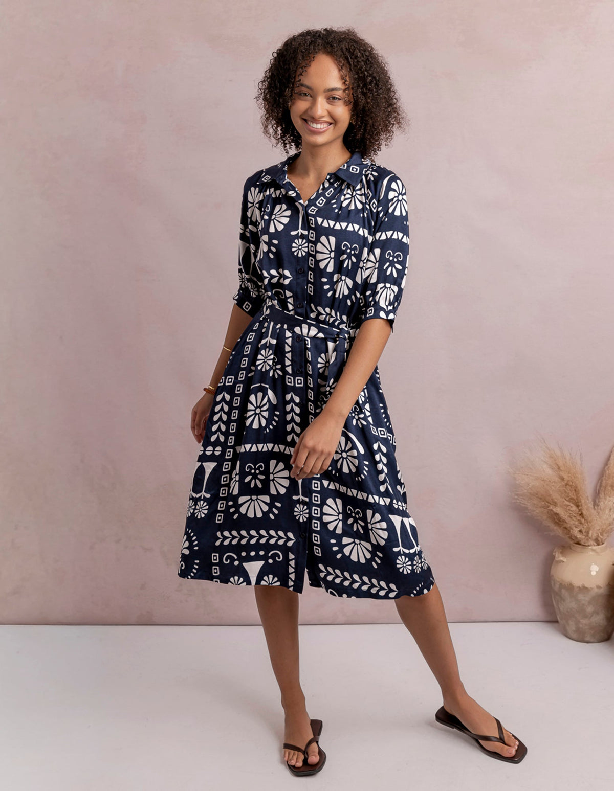 JENNY DRESS NAVY PRINT_by_ELM_women's_in_New Zealand_ FEATURED / FRONT _