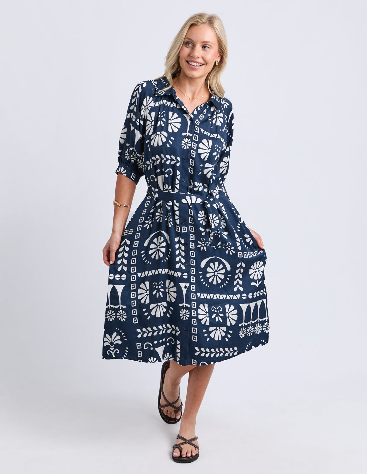 JENNY DRESS NAVY PRINT_by_ELM_women's_in_New Zealand_ MODEL _