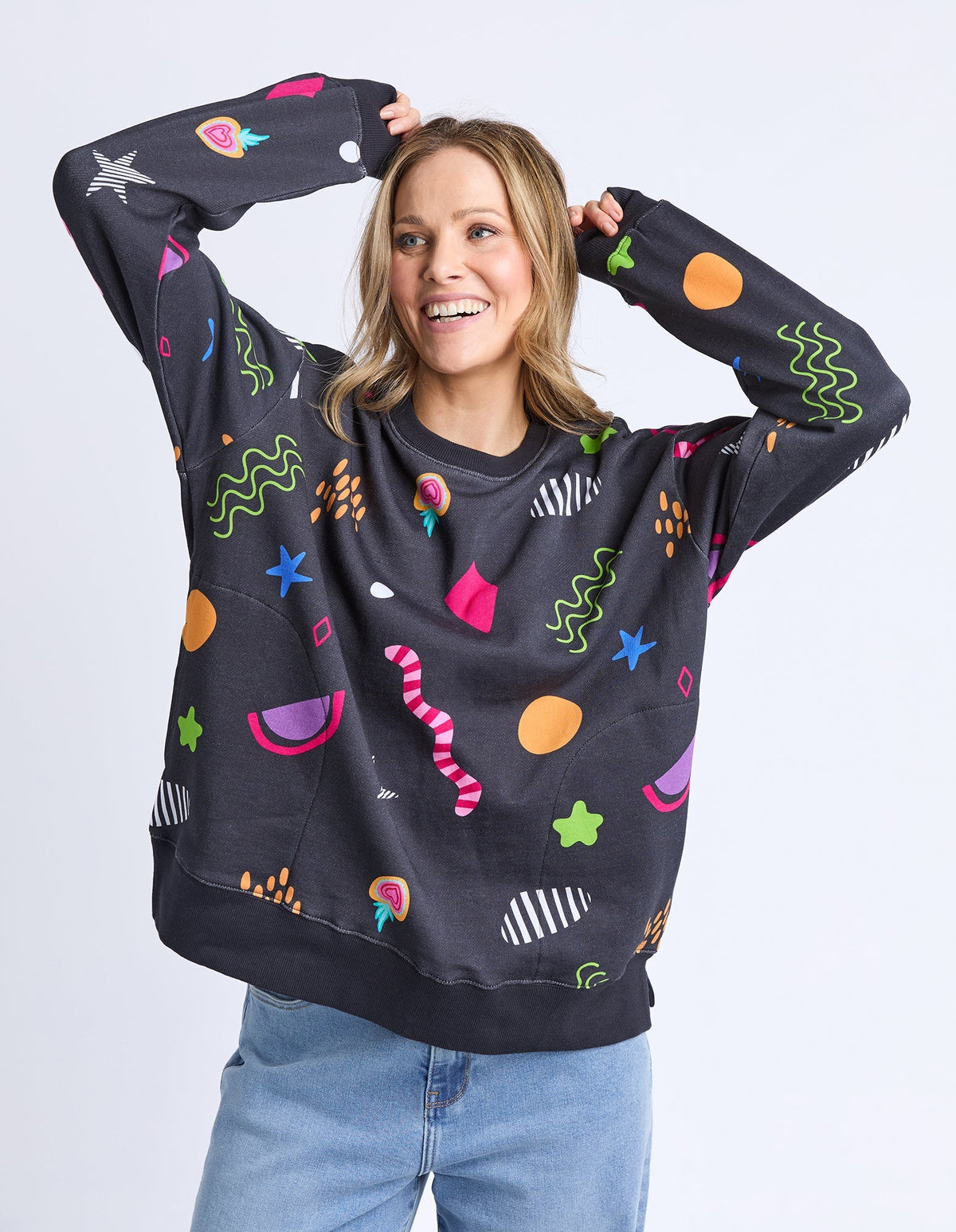 LIQUORICE GALAXY CREW MIDNIGHT PRINT MULTI_by_ELM_women's_in_New Zealand_ ANGLE _