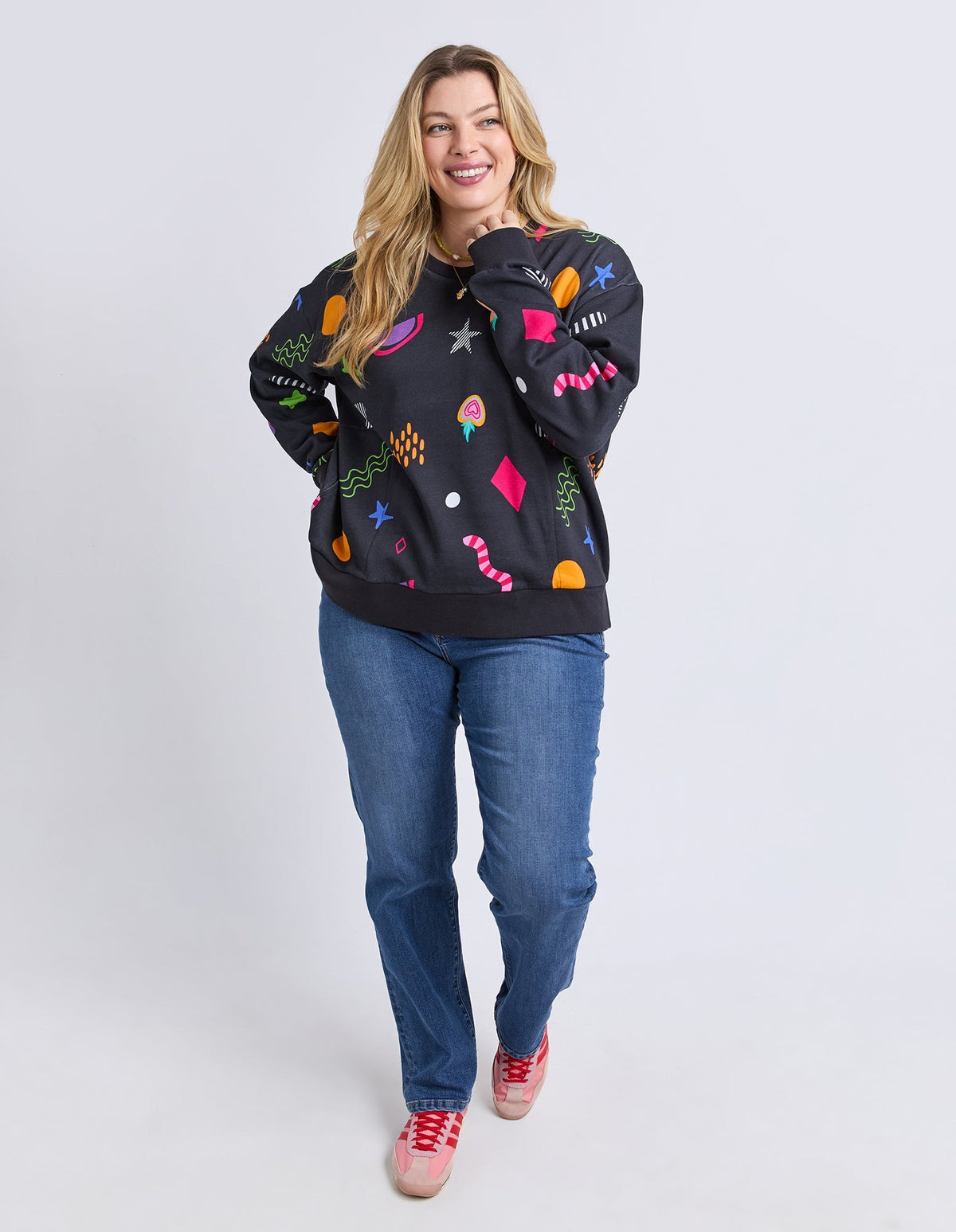 LIQUORICE GALAXY CREW MIDNIGHT PRINT MULTI_by_ELM_women's_in_New Zealand_ MODEL _