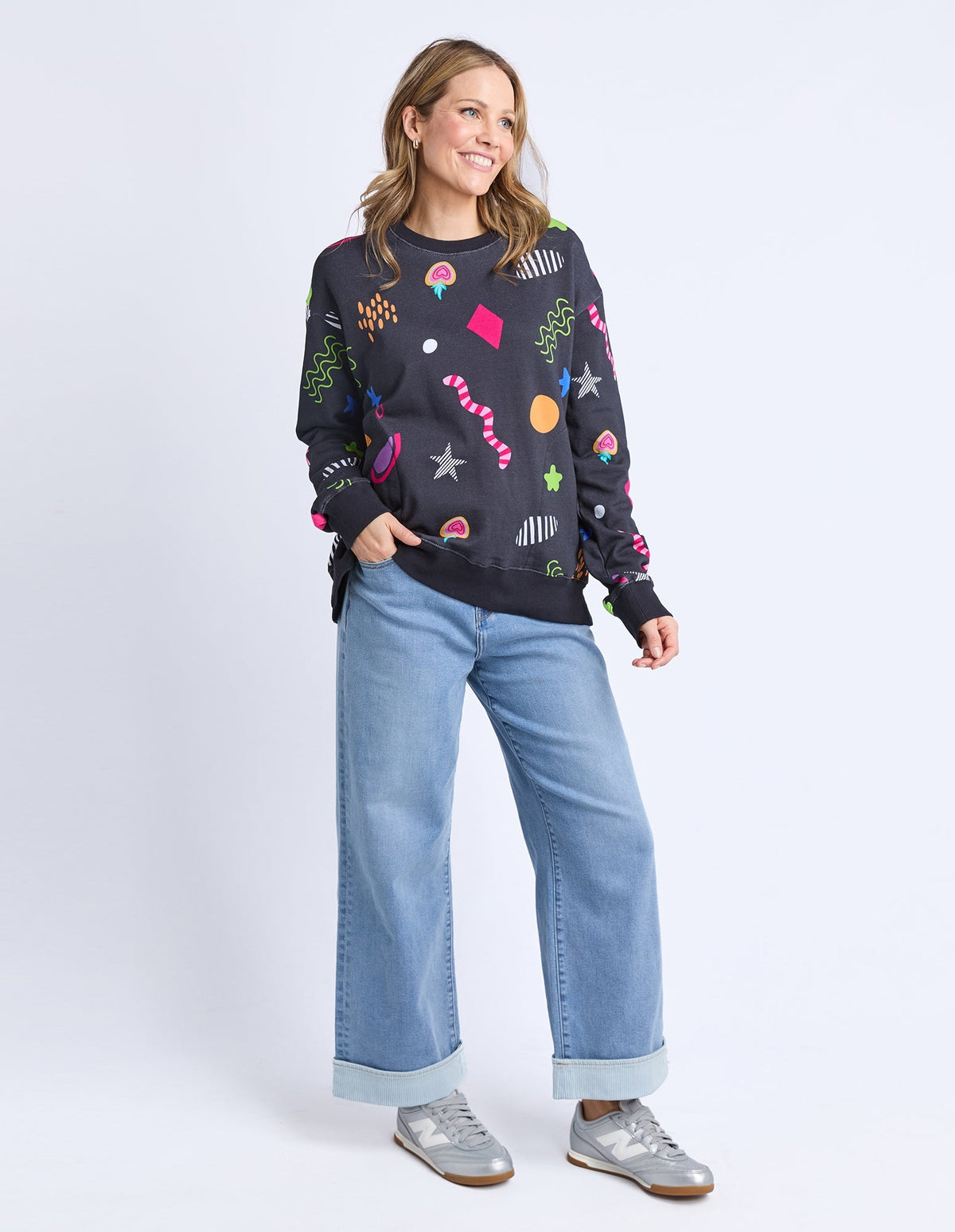 LIQUORICE GALAXY CREW MIDNIGHT PRINT MULTI_by_ELM_women's_in_New Zealand_ MODEL _