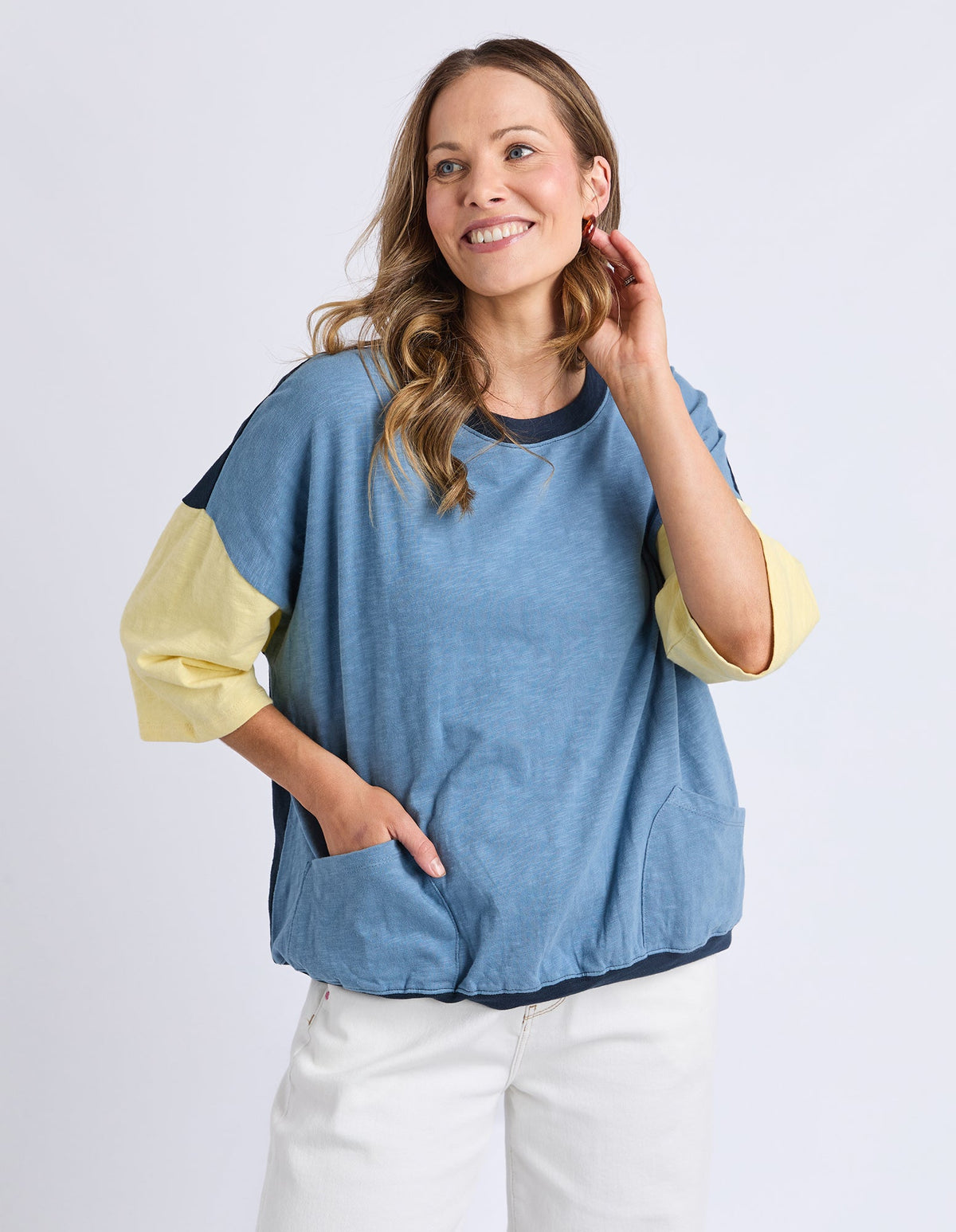 ELM_MAZIE COLOUR BLOCK SWEAT BANANA AND NAVY _ MAZIE COLOUR BLOCK SWEAT BANANA AND NAVY _ Ebony Boutique NZ