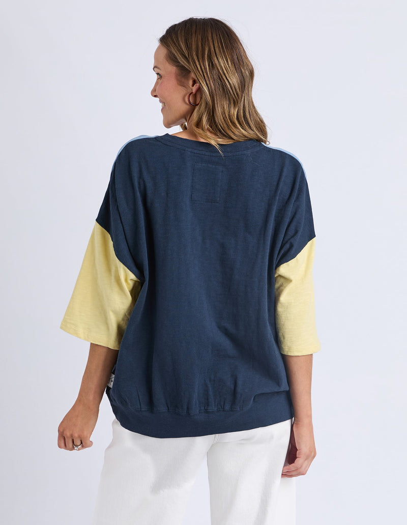 ELM_MAZIE COLOUR BLOCK SWEAT BANANA AND NAVY _ MAZIE COLOUR BLOCK SWEAT BANANA AND NAVY _ Ebony Boutique NZ