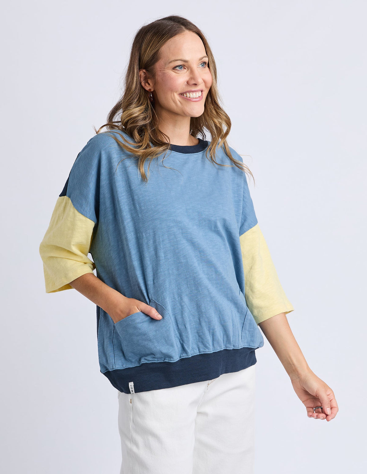 ELM_MAZIE COLOUR BLOCK SWEAT BANANA AND NAVY _ MAZIE COLOUR BLOCK SWEAT BANANA AND NAVY _ Ebony Boutique NZ