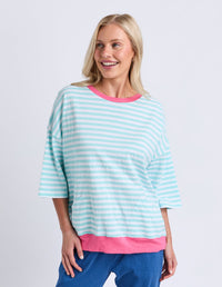 MAZIE STRIPE RINGER SWEAT TBLU/WHT/PNK_by_ELM_women's_in_New Zealand_ MODEL _