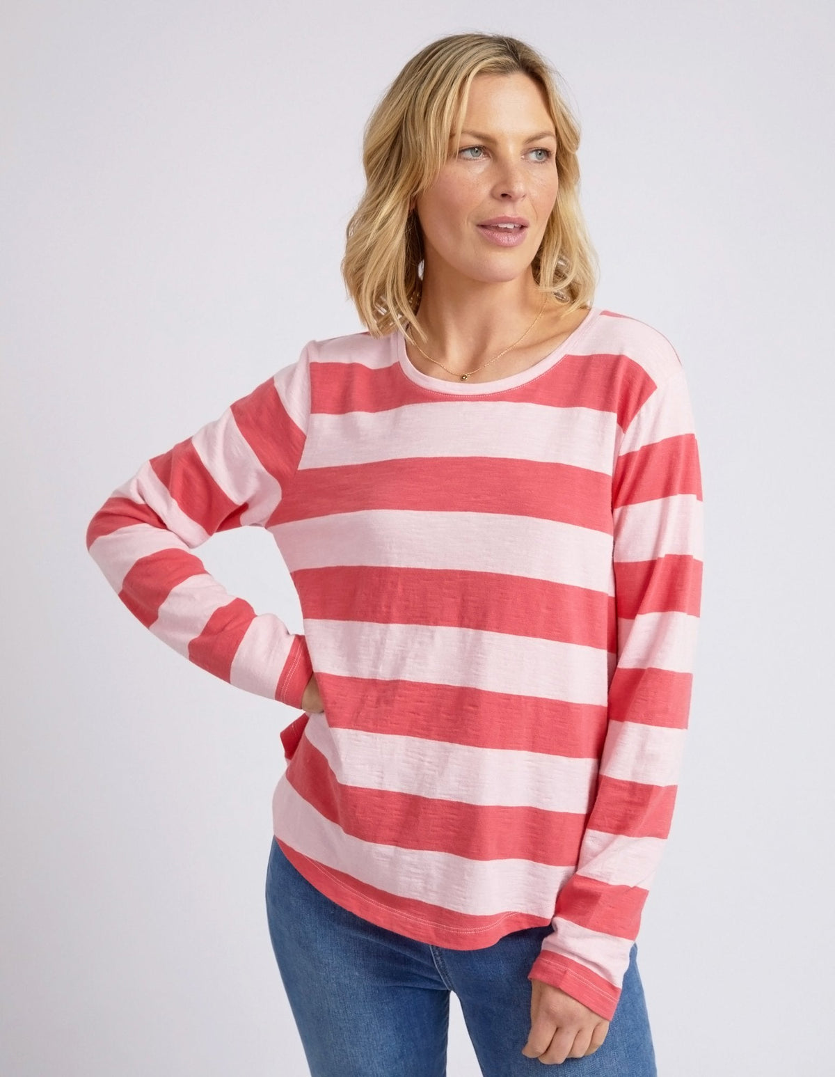 ELM_SPRITZ STRIPE L/S TEE CORAL _ SPRITZ STRIPE L/S TEE CORAL _ Ebony Boutique NZ