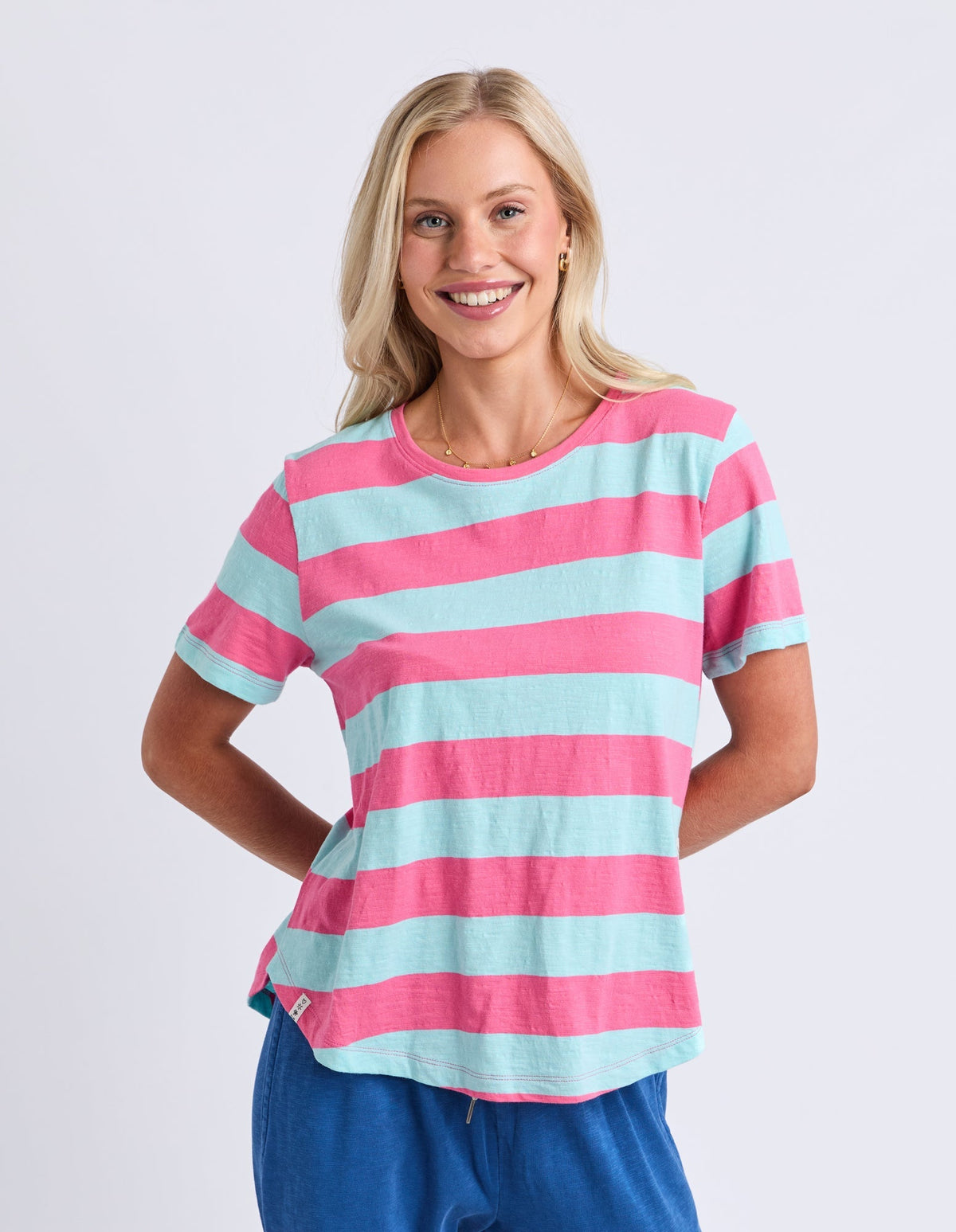 SPRITZ STRIPE SHORT SLEEVE TEE TBLUE/PINK_by_ELM_women's_in_New Zealand_ FEATURED / FRONT _