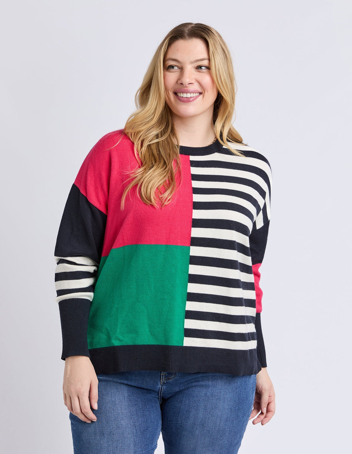 VIKEN KNIT MIDNIGHT BLOCK STRIPE MULTI_by_ELM_women's_in_New Zealand_ MODEL _