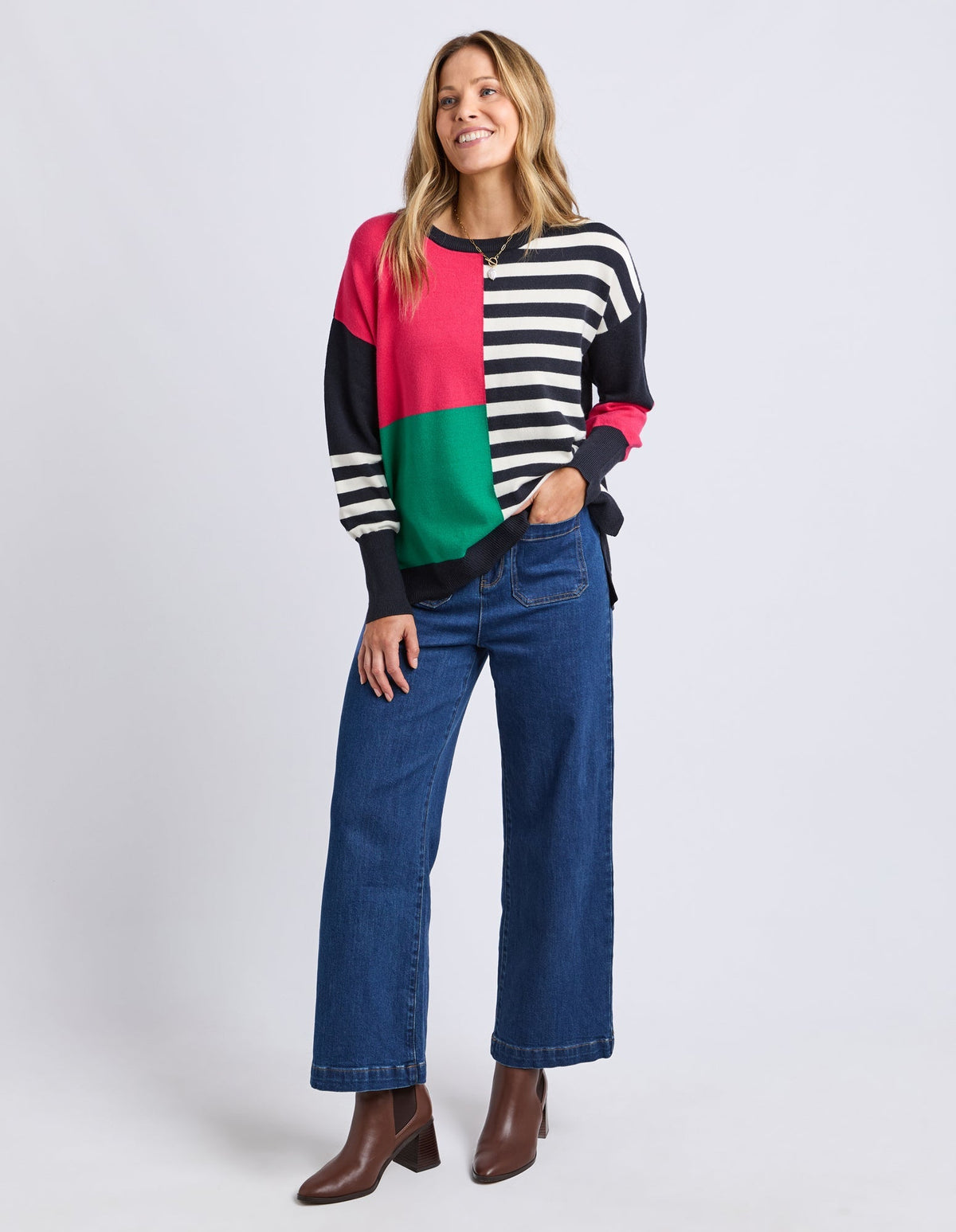 VIKEN KNIT MIDNIGHT BLOCK STRIPE MULTI_by_ELM_women's_in_New Zealand_ MODEL _