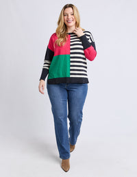 VIKEN KNIT MIDNIGHT BLOCK STRIPE MULTI_by_ELM_women's_in_New Zealand_ MODEL _