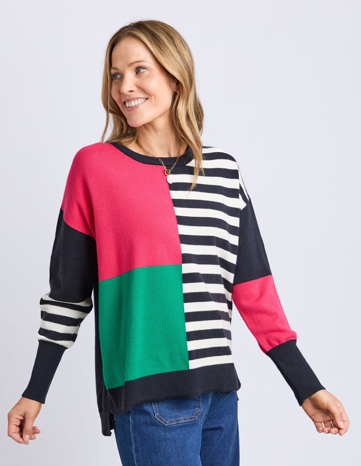 VIKEN KNIT MIDNIGHT BLOCK STRIPE MULTI_by_ELM_women's_in_New Zealand_ ANGLE _