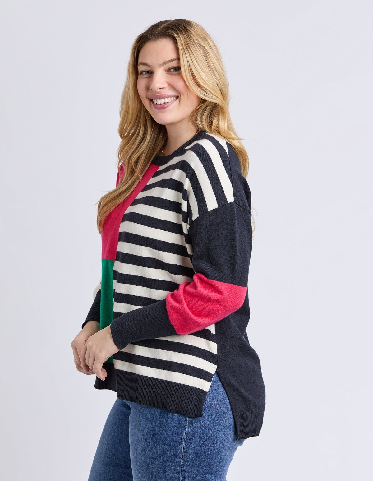 VIKEN KNIT MIDNIGHT BLOCK STRIPE MULTI_by_ELM_women's_in_New Zealand_ SIDE _