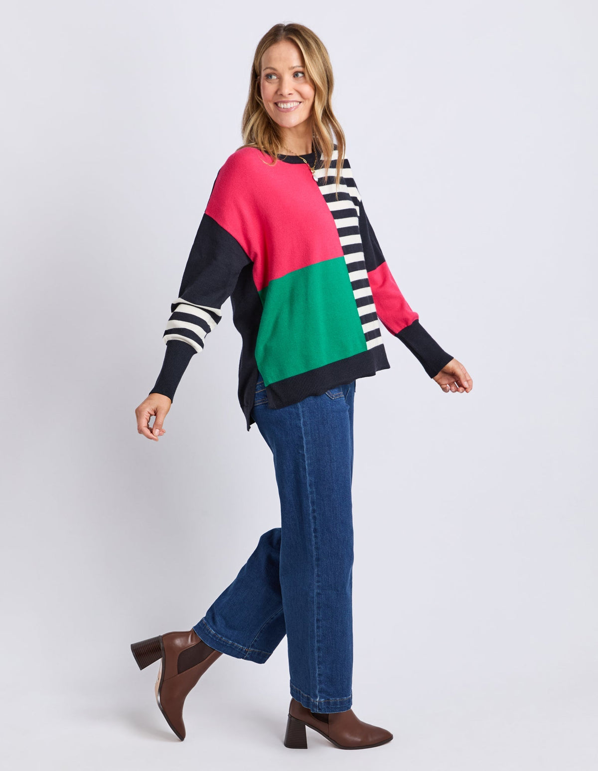 VIKEN KNIT MIDNIGHT BLOCK STRIPE MULTI_by_ELM_women's_in_New Zealand_ MODEL _