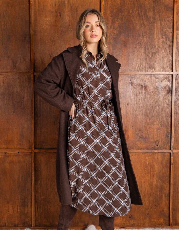 EDISON CHECK DRESS CHOCOLATE_by_FOXWOOD_women's_in_New Zealand_ EDISON CHECK DRESS CHOCOLATE _
