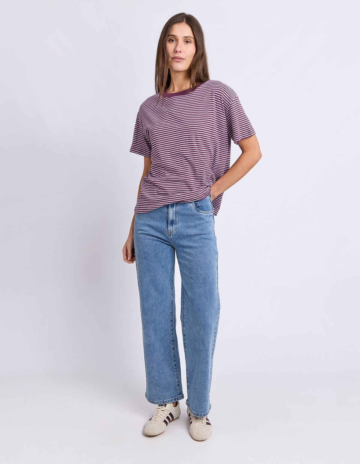 HUTCH STRIPE TEE PLUM/WHITE STRIPE_by_FOXWOOD_women's_in_New Zealand_ MODEL _
