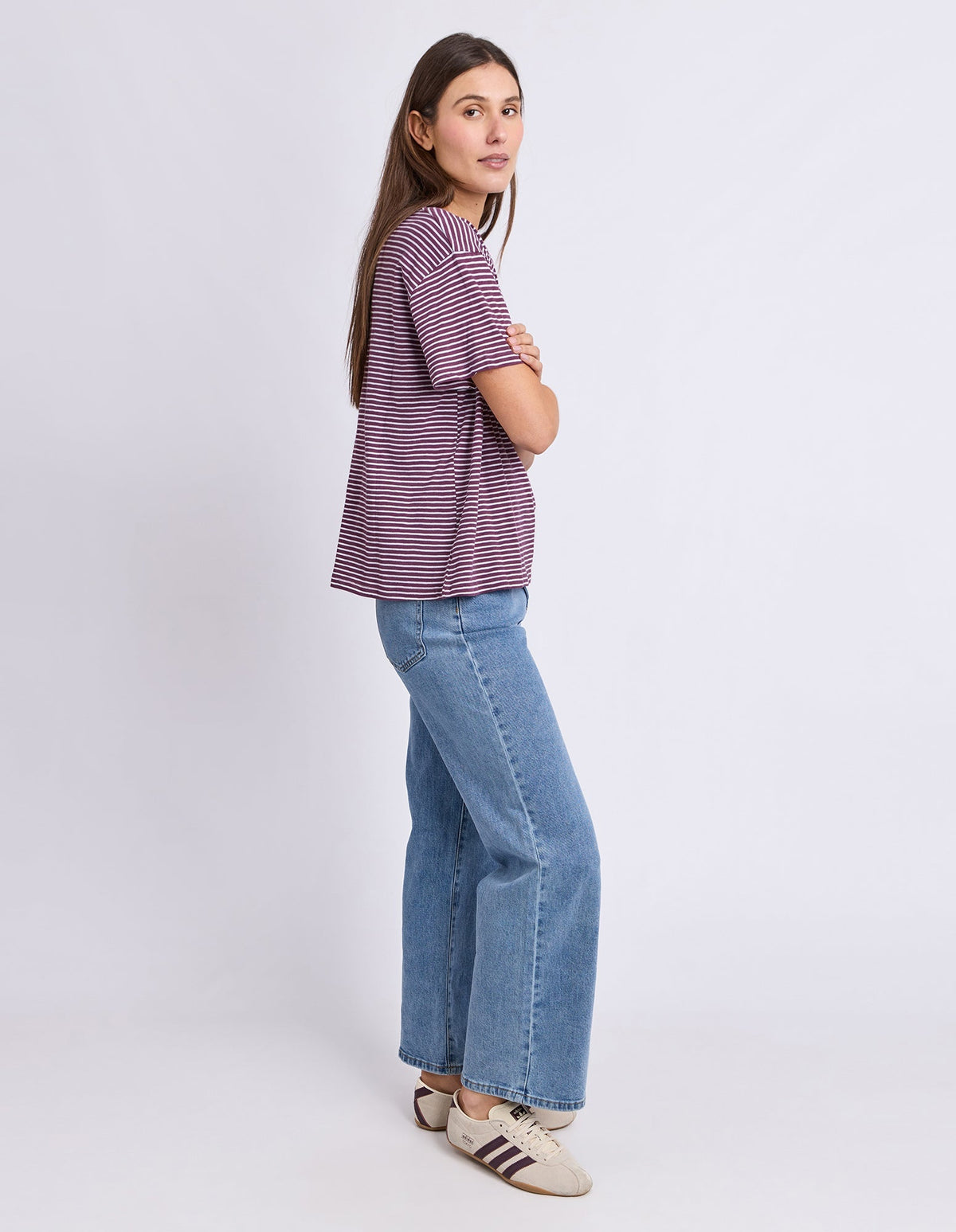 HUTCH STRIPE TEE PLUM/WHITE STRIPE_by_FOXWOOD_women's_in_New Zealand_ SIDE _