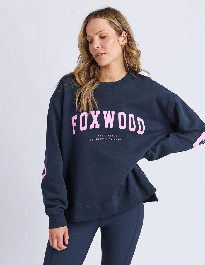 INTERVAL CREW PINK/NAVY_by_FOXWOOD_women's_in_New Zealand_ FOXWOOD Interval Crew Pink Navy women’s casual crew sweatshirt for everyday wear in New Zealand featuring relaxed fit cotton fabric with metallic print detail _