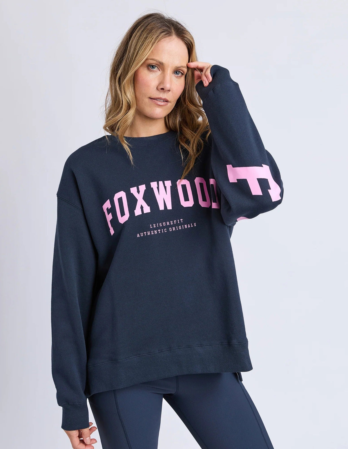 INTERVAL CREW PINK/NAVY_by_FOXWOOD_women's_in_New Zealand_ FOXWOOD Interval Crew Pink Navy women’s relaxed sweatshirt for everyday wear New Zealand soft cotton crew with statement print and layering style _